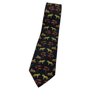 CABOUCHON Men's 100% Silk Necktie LUXURY Tie Black Tiger Tree W:3.6" EUC